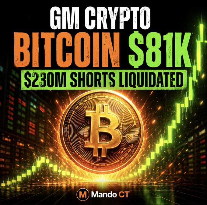 A bold Bitcoin graphic reads “GM CRYPTO,” “BITCOIN $81K,” and “$230M SHORTS LIQUIDATED,” alongside a glowing Bitcoin coin and rising market charts. It visually celebrates Bitcoin’s breakout above $81,000 and the accompanying post’s claim that $230 million in shorts were liquidated, signaling a potential momentum-driven surge.