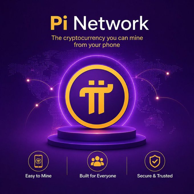 A promotional banner for Pi Network, described as 'The cryptocurrency you can mine from your phone,' featuring the Pi logo on a glowing pedestal with features 'Easy to Mine', 'Built for Everyone', and 'Secure & Trusted'.
