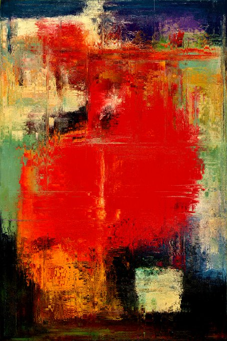 An abstract painting dominated by a large, bold vertical block of vibrant red paint set against a textured background of green, yellow, blue, and earthy hues.