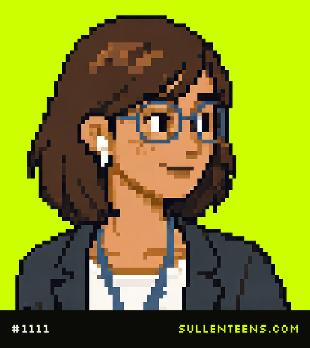 A pixel art portrait of a woman with brown hair and glasses against a lime green background, labeled '#1111' and 'SULLENTEENS.COM'.
