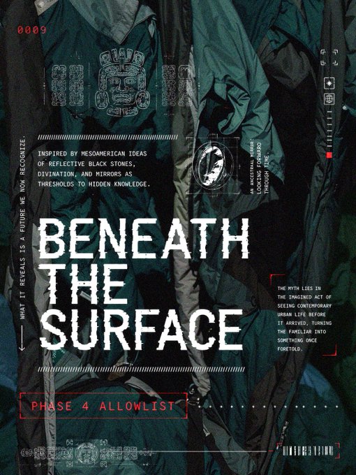 A dark promotional graphic with a crumpled fabric background displays the text "BENEATH THE SURFACE" and "PHASE 4 ALLOWLIST," along with Mesoamerican-inspired symbols and the cryptic message "INSPIRED BY MESOAMERICAN IDEAS OF REFLECTIVE BLACK STONES, DIVINATION, AND MIRRORS AS THRESHOLDS TO HIDDEN KNOWLEDGE" and "0009" in the corner, announcing a Phase 4 allowlist in collaboration with @8NAP_ART and @SuperchiefNFT where users can reply with their wallet address for inclusion.