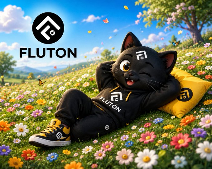 A 3D-rendered cartoon black cat character wearing 'FLUTON' branded black apparel lies relaxed on a yellow pillow in a field of colorful flowers.