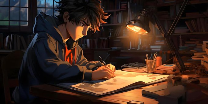 The image features a young man sitting at a desk with an open book in front of him. He appears to be writing or studying, possibly for schoolwork or personal projects. The room has a warm glow from a lamp situated near the right side of the scene, creating a cozy atmosphere. There are numerous books scattered around the room, indicating that this is likely a study space or a library.