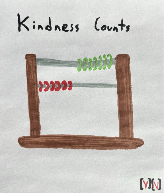 A hand-drawn marker illustration of a wooden abacus with green beads on the top row and red beads on the bottom row, titled 'Kindness Counts' in handwritten text, with a '(Y)N' signature in the corner.