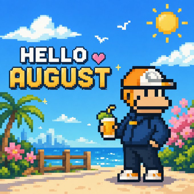 A pixel art illustration shows a character in a cap holding a coconut drink on a sunny beach with "HELLO AUGUST" text and a pink heart. The tropical, carefree vibe complements the post's optimistic "manifesting good vibes for August" theme.