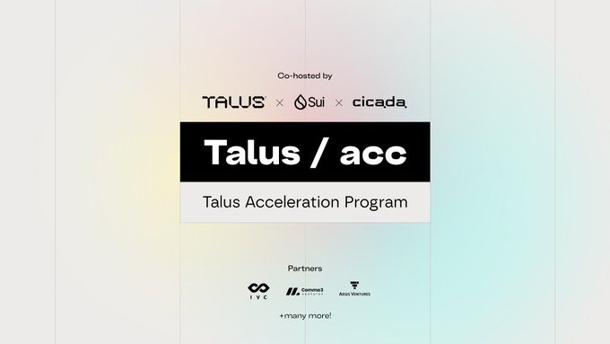 The image features a poster with a white background that displays text about an Acceleration Program. The poster includes logos for Talus and Acc, along with other companies such as TALUS/ACC, TALUS Acceleration Program, and many more. The text on the poster reads "Major opportunity for onchain AI builders. @talus_labs acceleration program: VC access, milestone grants, engineering support." This suggests that the Acceleration Program is an opportunity for AI builders to access funding, grants, and technical support from Talus and other companies in the field of artificial intelligence.