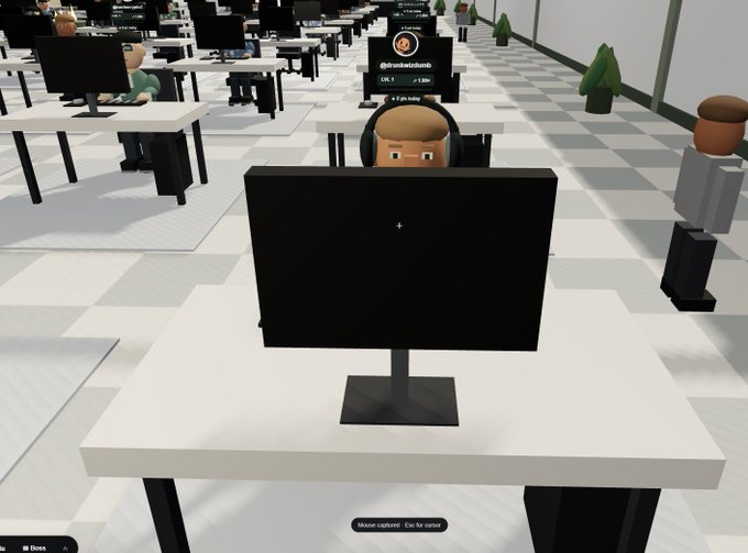 A 3D animated scene of a virtual office with avatars working at desks on a checkered floor, with the text 'Mouse captured. Esc to cursor.' visible at the bottom.