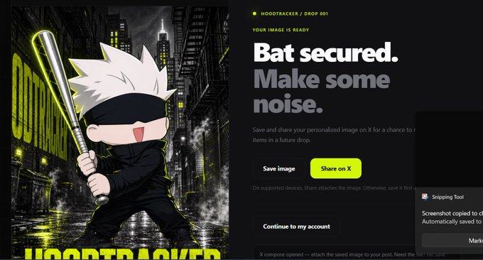 A 'HOODTRACKER / DROP 001' promotion page showing an animated chibi-style character in black with spiky white hair holding a baseball bat, with text 'Bat secured. Make some noise.' and 'Share on X' button.
