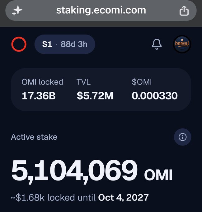 A mobile screenshot of the staking.ecomi.com webpage displaying 'OMI locked: 17.36B', 'TVL: $5.72M', an active stake of '5,104,069 OMI' locked until October 4, 2027, with the 'bnreal' NFT profile icon.