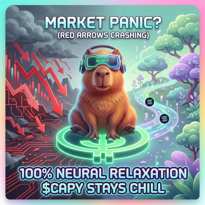 A cartoon capybara wearing VR goggles labeled '$CAPY' sits meditatively on a glowing green cryptocurrency symbol, with text reading 'MARKET PANIC? (RED ARROWS CRASHING)' and '100% NEURAL RELAXATION $CAPY STAYS CHILL'.