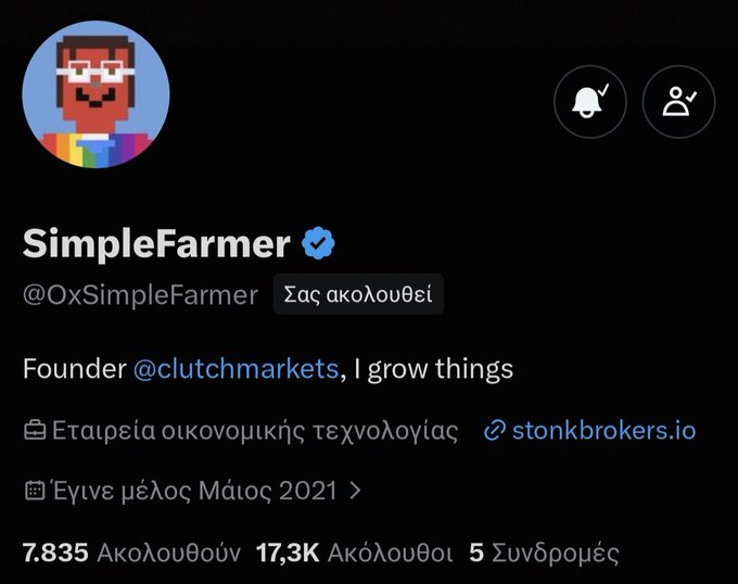A Twitter/X profile page for 'SimpleFarmer' (@OxSimpleFarmer), founder of @clutchmarkets, showing 7,835 followers and 17.3K following.