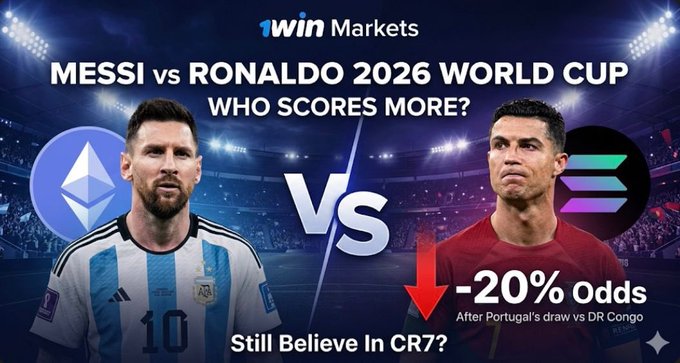 The image features a poster for the World Cup featuring two soccer players, Messi and Ronaldo. The background of the image displays a stadium filled with people watching the game, which is relevant to the context of the post about markets reacting to new information. The text on the poster highlights how quickly markets can change their perception or opinion based on new data and analysis. Specifically, it shows that markets have drawn one match favor in favor of Portugal over Ronaldo, and their odds are now lower than 20%. Markets seem to be leaning towards Portugal due to this change in fortune, just as they would if new information were released during the game.