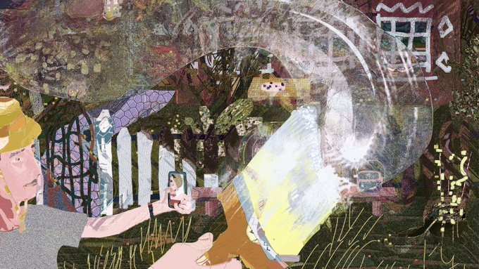 A surreal collage-style digital illustration featuring a person on the left holding a phone and what appears to be an ice cream cone, with overlapping images of a building, trees, and large bubble-like transparent spheres.