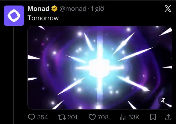 The image is a screenshot of a tweet from the official Monad account (@monad) posted 1 day ago, captioned simply "Tomorrow," featuring an animated graphic of a glowing starburst against a swirling purple cosmic background. The post teases an upcoming announcement, which the accompanying caption speculates may be worth watching despite having moved on from the Monad ecosystem.