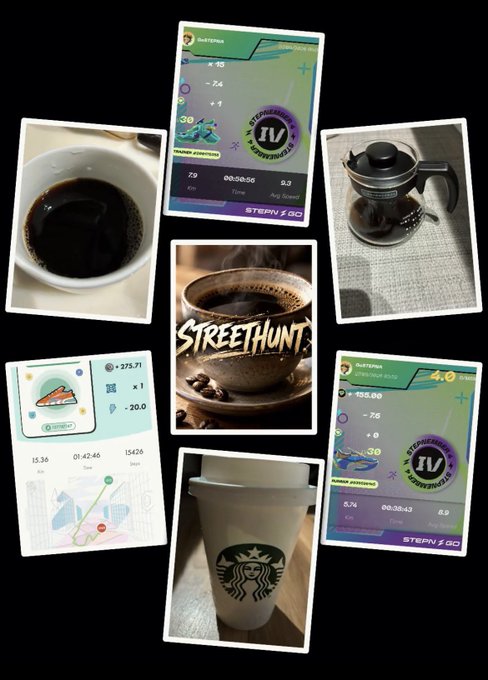 A collage of images featuring coffee in a cup, a French press, a Starbucks cup, and Pokémon GO screenshots showing IV evaluations.