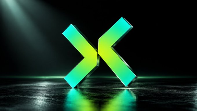 A glowing, metallic 3D "X" symbol stands prominently against a dark background, its reflective surface shimmering with cyan and yellow-green hues. The bold, abstract icon visually represents the unknown variable—the X-factor—linking to the post's discussion about measuring an AI agent's true market capability beyond self-promotion.