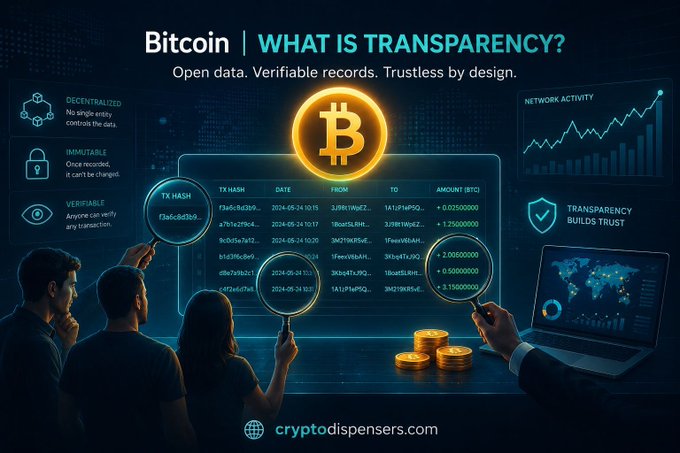 An infographic titled "Bitcoin | WHAT IS TRANSPARENCY?" showing people examining a large digital display of Bitcoin transaction data, with text highlighting "DECENTRALIZED," "IMMUTABLE," and "VERIFIABLE," branded by "cryptodispensers.com".