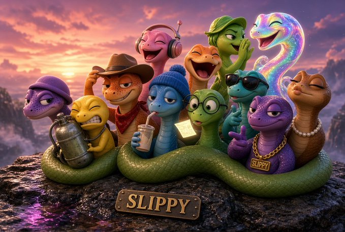 A digital artwork showing a group of cartoon snakes with various accessories and expressions, with a nameplate reading 'SLIPPY' in front of them.