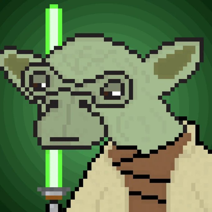 A pixel art image of Yoda from Star Wars, holding a green lightsaber against a green swirled background.