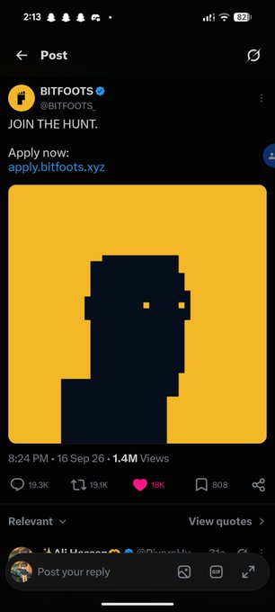 screenshot of a post by BITFOOTS reading 'JOIN THE HUNT. Apply now: apply.bitfoots.xyz' with a pixel art avatar, posted 16 Sep 26, 1.4M views