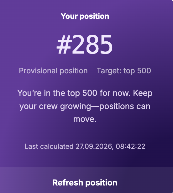 A purple screenshot showing 'Your position #285' as a provisional rank with a target of top 500, last calculated 27.09.2026, 08:42:22, with a 'Refresh position' button below.
