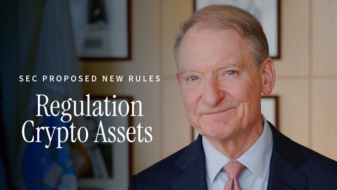 A portrait of a suited older man with text reading "SEC PROPOSED NEW RULES" and "Regulation Crypto Assets" overlaid.