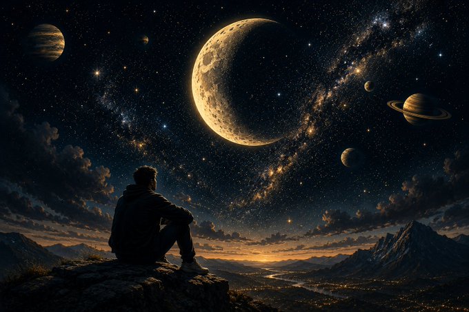 A silhouette of a person sitting on a cliff looking at a night sky featuring a large crescent moon, Saturn, and other planets.