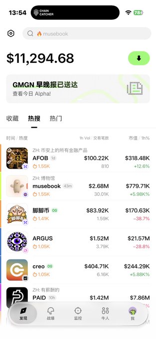 A mobile app screenshot showing a cryptocurrency portfolio with a total balance of $11,294.68 for ChainCatcher, featuring a token list including AFOB, musebook, 脚踏币, ARGUS, creo, and PAID.