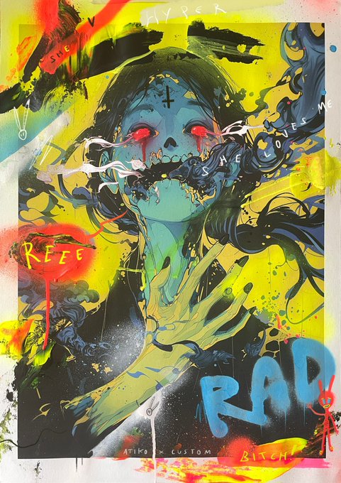 A chaotic, colorful mixed-media artwork depicts a distressed figure with blood-red eyes and a stitched mouth, overlaid with graffiti-style text including 'HYPER', 'RAGE', and 'RAD'.