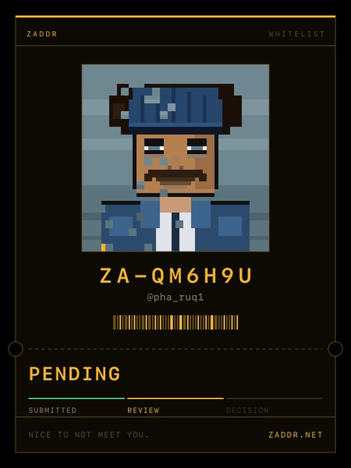 A pixel-art avatar of a crying police officer character is displayed on a Zadorr whitelist card with the code 'ZA-QM6H9U' and a 'PENDING' review status.