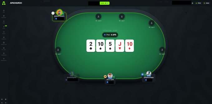 An online poker game interface on APEX ARCH showing a winning hand of 2, 10, 5, J, 10 with a pot of 6 APE.