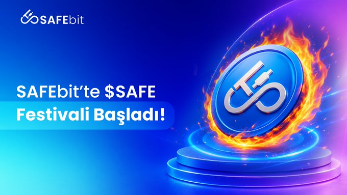 The image is a promotional banner featuring the SAFEbit logo and a flaming "$SAFE" coin graphic, with Turkish text announcing "SAFEbit'te $SAFE Festivali Başladı!" (The $SAFE Festival Has Started on SAFEbit!). It visually represents the $SAFE staking festival with a 10% APR and 7-day term, highlighting the burning of tokens and the Launchpool cashback incentive mentioned in the post.