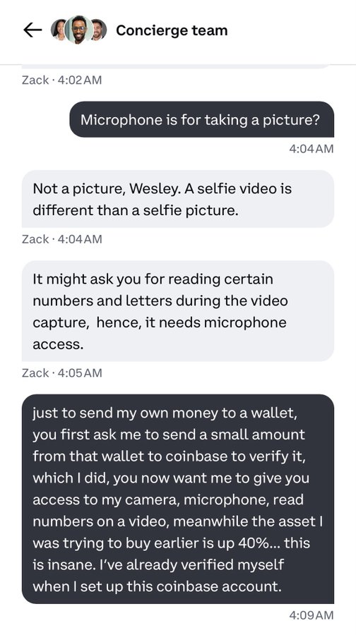 A screenshot of a chat conversation with a 'Concierge team' where a user named Wesley questions why a microphone is needed for a picture, and expresses frustration about Coinbase verification requests and rising asset prices.