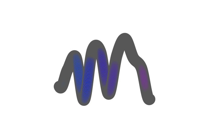 A simple animated graphic of a gray 'M' shape with a blue and purple wave pattern running through it, displayed on a white background.