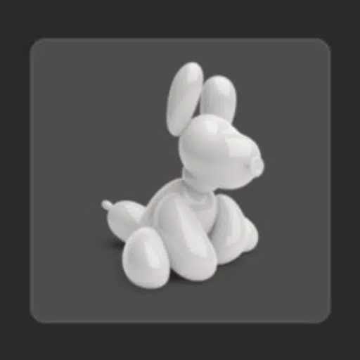 A 3D rendered illustration of a white balloon dog sculpture in the style of Jeff Koons, displayed against a dark gray background.