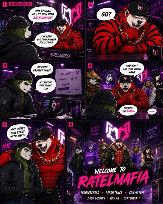 A six-panel comic promotional poster for "RATELMAFIA" featuring anthropomorphic characters, with text including "WHY SHOULD WE LET YOU INTO RATELMAFIA?", "WELCOME TO RATELMAFIA", and "2,000 BADGERS SOLANA SEPTEMBER 1."