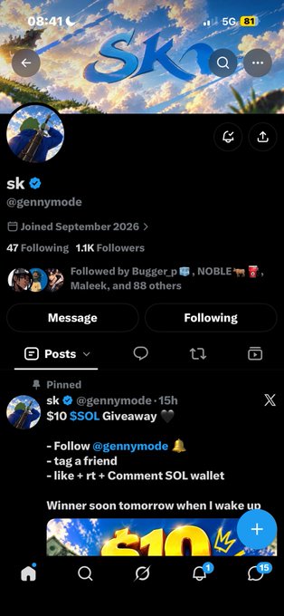 A mobile screenshot displays the Threads social media profile of 'sk' (@gennymode), featuring a pinned giveaway post for a '$10 $SOL' prize with instructions to follow, tag a friend, and like.