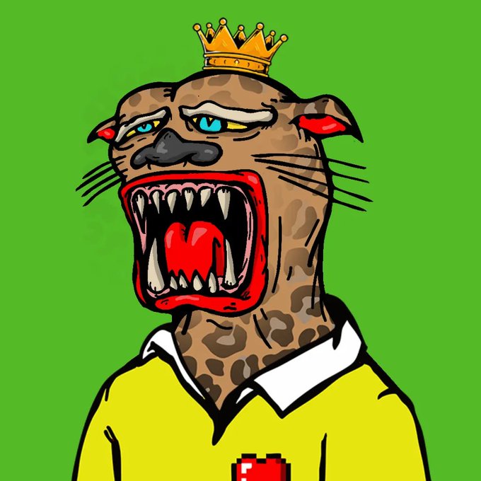 A colorful cartoon illustration shows a roaring leopard wearing a gold crown and a yellow collared shirt, set against a bright green background.