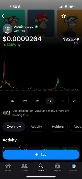 Mobile app screenshot showing the ApeStrategy (APESTR) token page with a price of $0.0009264, a 1Y change of 535%, FDV of $926.4K, and 2165+ holders.