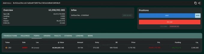 A cryptocurrency portfolio tracking dashboard showing a wallet address, overview stats, an open SHORT position on ZEC with a P&L of -62,651.70, and navigation tabs for Transactions, Holdings, Perps, Orders, Vaults, Staking, and Lending.