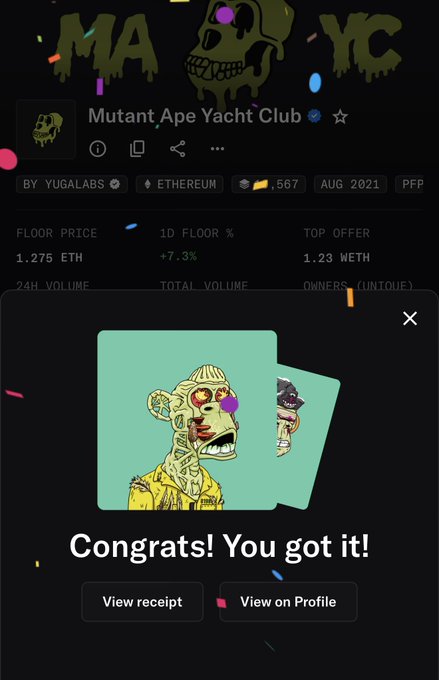 The image shows a cell phone screen with an app called "M Mutant Ape Yacht Club" displayed. The app has a green background, yellow cartoon characters, and text that says "Congratulations! You got it!". The app also includes a feature for viewing a profile of the user's account.