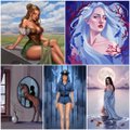 The image features six different paintings, each depicting a woman wearing blue clothing. The paintings are arranged in two rows of three, with one row at the top and another at the bottom. Each painting showcases a unique interpretation of the woman's attire and poses, creating an artistic collection that captures the essence of the women depicted.