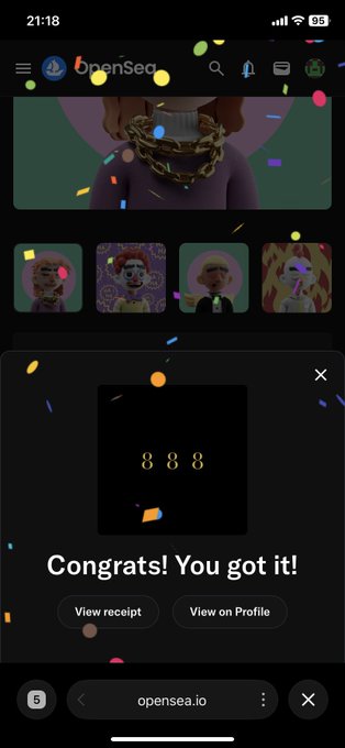 OpenSea interface showing a winning screen for an NFT with "888" displayed and the message "Congrats! You got it!" along with "View receipt" and "View on Profile" buttons.