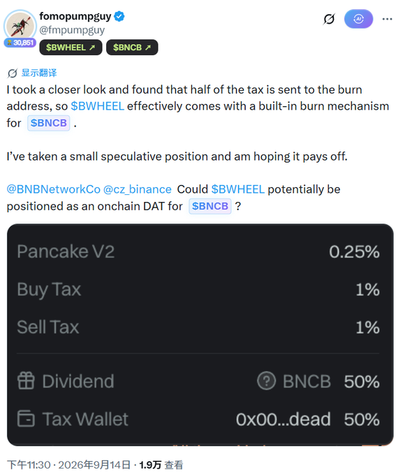 A tweet from @fmpumpguy discussing $BWHEEL and $BNCB tokens, noting that half of the tax goes to a burn address, with a chart showing Pancake V2 details including 1% buy/sell tax and dividend/tax wallet split.