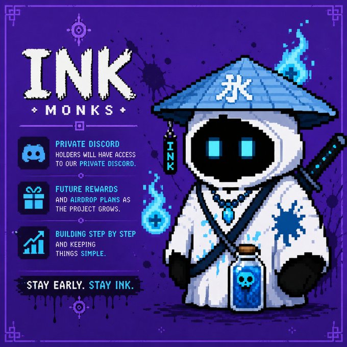 A pixel-art promotional graphic for "INK MONKS" featuring a hooded monk character holding a skull-shaped ink bottle and sword, with text highlighting benefits including private Discord access, future airdrops, and "BUILDING STEP BY STEP," alongside the tagline "STAY EARLY. STAY INK." The mystical blue-on-purple design aligns with the post's announcement of a 3,334-piece pixel-art collection giveaway with exclusive airdrops for holders.