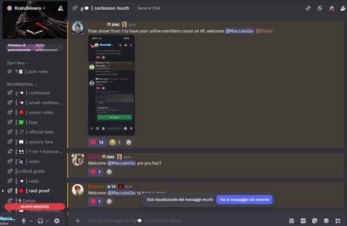 A Discord screenshot showing "KratuSinners" server #confession-booth channel where user "SIN" welcomes newcomers like "MaccainGio" and "@sinner" to the community, with users "Sikora" and "Bratther" greeting MaccainGio with friendly "are you hot?" and welcome messages, reflecting the post's celebration of joining this closed community of builders.