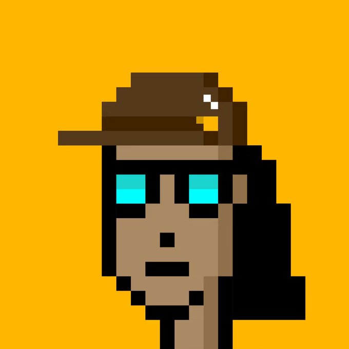 A pixel art portrait of a figure wearing a brown cap with a silver accent, featuring bright cyan eyes and long black hair against an orange background, resembling a stylized barista character likely tied to the NFT listed on OpenSea.