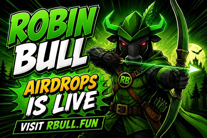 A dark bull archer in green attire draws a glowing arrow, promoting "ROBIN BULL" alongside text reading "AIRDROPS IS LIVE" and "VISIT RBULL.FUN," aligning with the post's announcement of a limited $RBULL airdrop for the first 500 wallet participants.