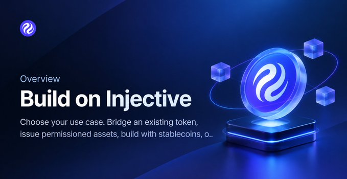 A promotional graphic titled "Build on Injective" with an Overview section, blue 3D logo, and text about bridging tokens, issuing permissioned assets, and building with stablecoins.