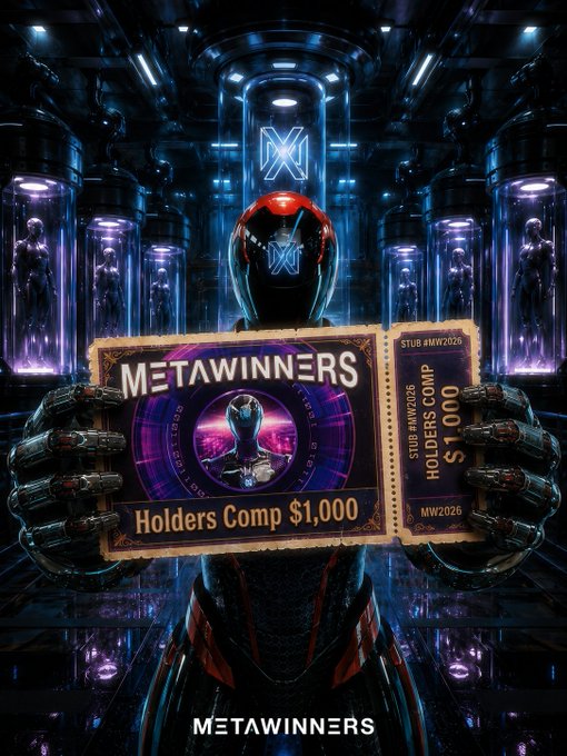 A futuristic, chrome-armored figure holds a glowing ticket reading "METAWINNERS Holders Comp $1,000" with "STUB #MW2026" and "HOLDERS COMP $1,000" visible on the sides, set against a sci-fi backdrop of illuminated stasis pods. The image directly promotes the "$1,000 Daily Holders Competition," visually reinforcing the contest's prize value and exclusive access for staked MetaWinners NFT holders.